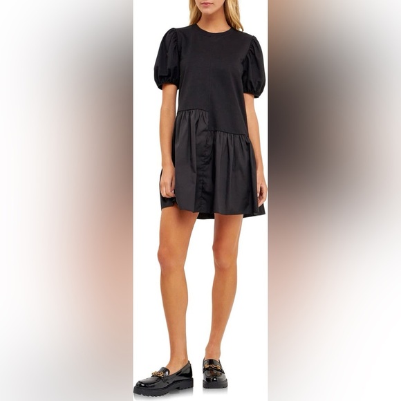 ENGLISH FACTORY Puff Shoulder Mixed Media Minidress - Picture 1 of 11